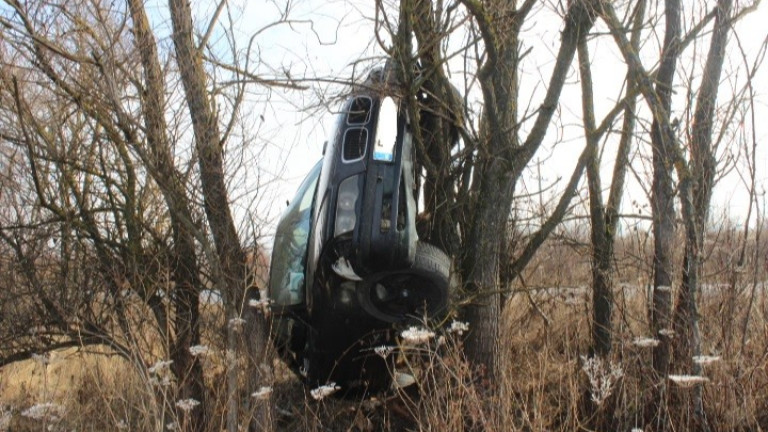 Лек автомобил излетя от пътя и кацна на дърво, съобщава