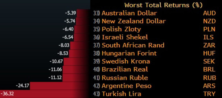 Турската лира е най-зле представящата се валута