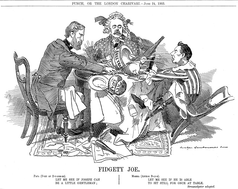 "Неспокойният Джо", 1903 г. – трудностите на коалиционното управление Карикатура от сатиричното списание Punch, публикувана на 24 юни 1903 г., изобразява лидерите на Либералните юнионисти и Консервативната партия – херцогът на Девъншър и Артър Балфур – като родители, опитващи се да укротят палавото дете Джоузеф Чембърлейн. Чембърлейн напуска правителството през септември същата година, за да промотира идеята си за мита в подкрепа на стоки от Британската империя – инициатива, която разцепва управляващата коалиция. Споровете около „Имперските преференции“ разклащат властта и отварят вратата за убедителната победа на Либералната партия на изборите през 1906 г.