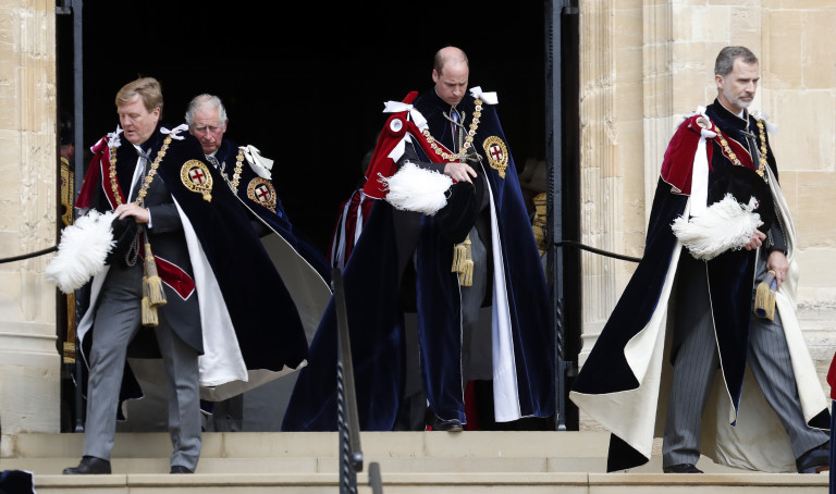 Холандският крал Вилем-Александър, принц Чарлз, принц Уилям и крал Фелипе на Испания по време на честванията на ордена през 2019 г.