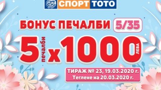 Пет бонус печалби по 1 000 лева спечелиха участници от 23-и тираж на Спорт тото