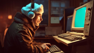 Отруден служител седи зад компютъра си в голяма зала в