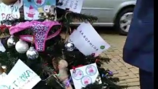 Претрупана Коледна елха срещу парадния вход на сградата на Министерския