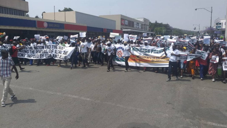 Информационното министерство на Зимбабве показва протест в столицата Хараре, организиран