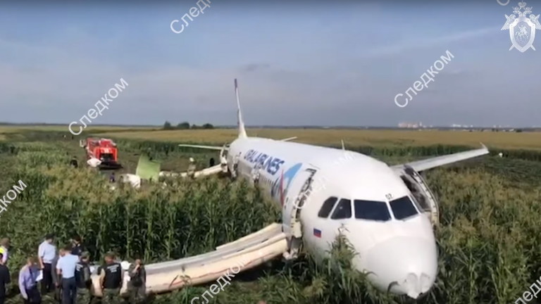 Пуснаха видео от салона на самолета, принуден да кацне в царевичак край Москва