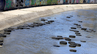 75 автомобилни гуми доплуваха по реката в столичния кв. "Сухата река"