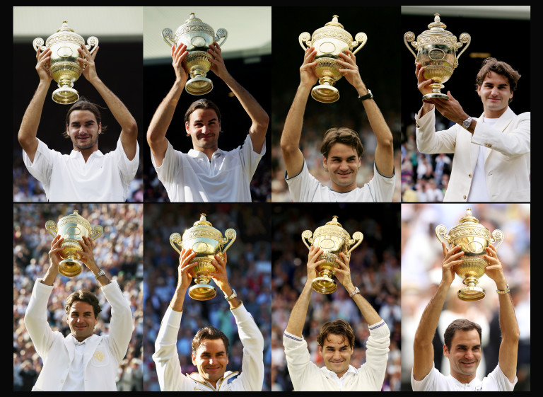 Роджър Федерер с осемте си титли от Wimbledon