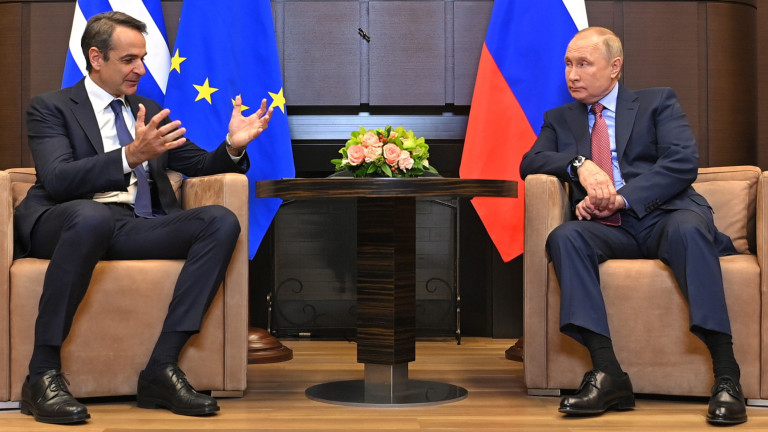 Гръцкият премиер Кириакос Мицотакис и руският президент Владимир Путин се
