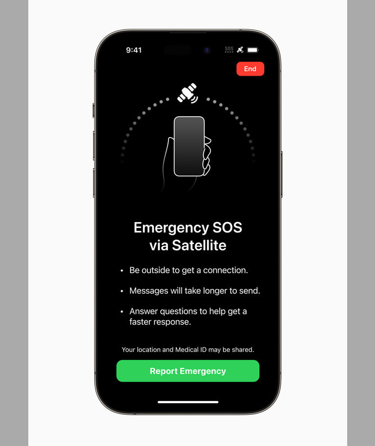  Emergency SOS посредством спътник разрешава на потребителите да споделят посредством текстови известия със службите за незабавна помощ 