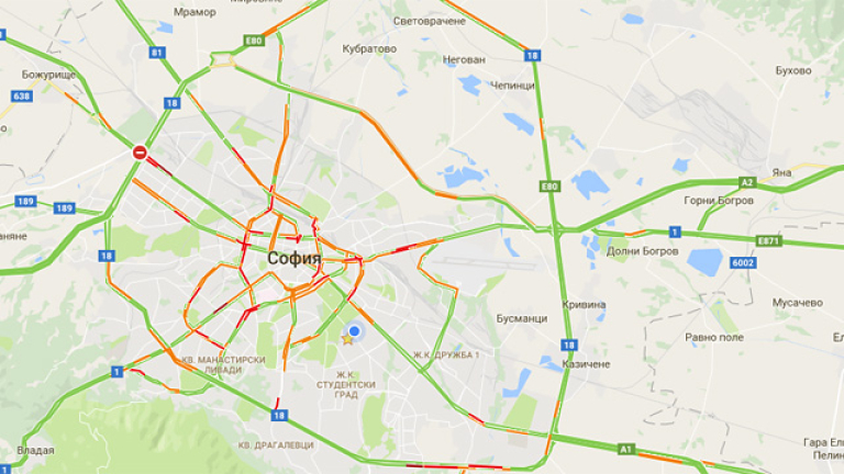 В червено са участъците в столицата, където към 17 часа движението е тежко