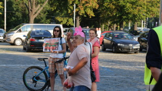 Около 20 души развяващи българското и европейското знаме се събраха